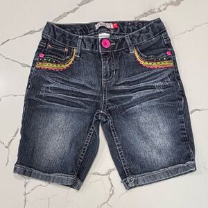 SO | Girls Dark Wash Denim Jean Shorts Neon Pink Green Accents Stitching